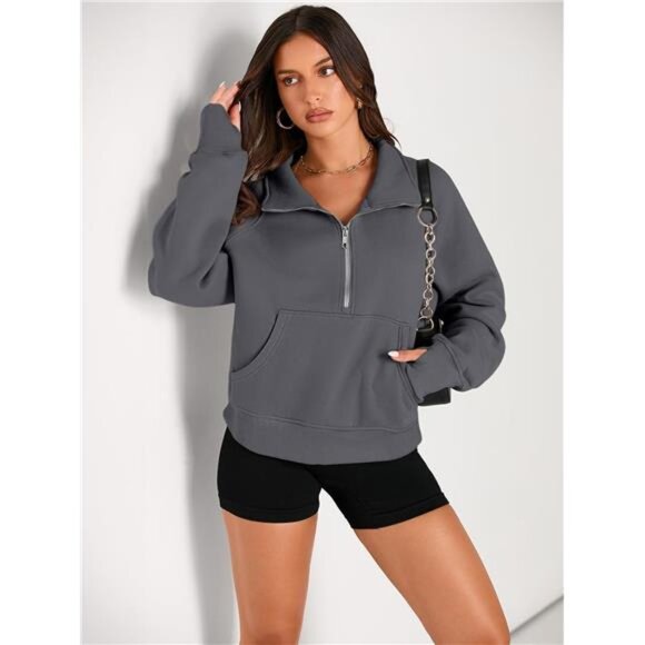Women's Half-Zip Cropped Fleece Hoodie with Thumb Holes – Fall Pullover - Picture 2 of 7